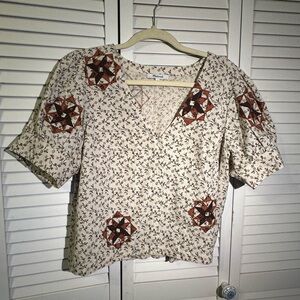 Madewell Cream Top with Blue and Brown Floral Design Large
